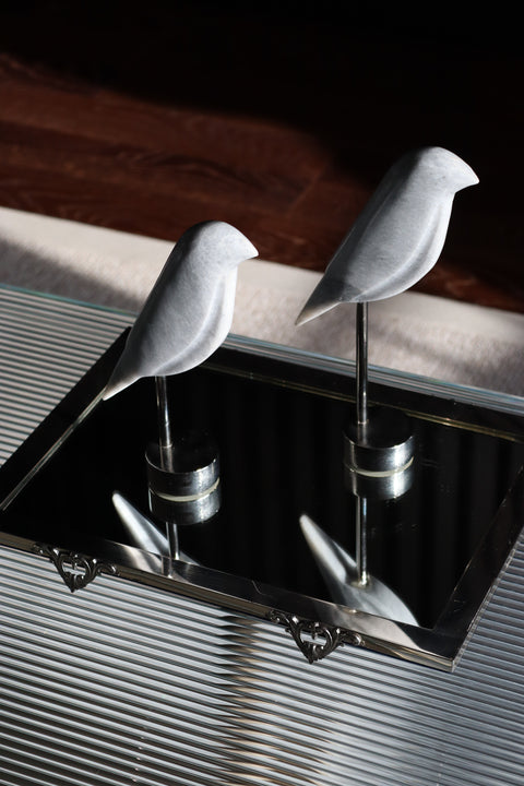 2-Piece Metal-Legged White Marble Bird Object