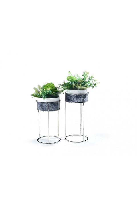 2-Piece Chrome Metal Leg Gray-White Marble Flowerpot