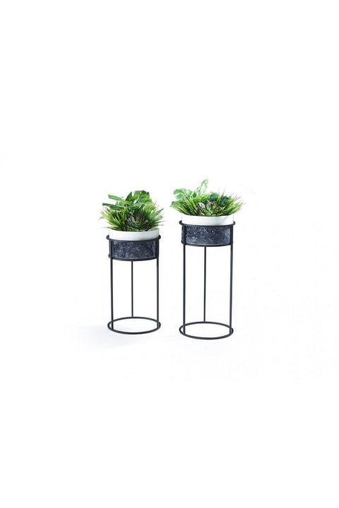 2-Piece Black Metal Leg Gray-White Marble Flowerpot