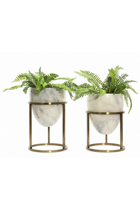 2-Piece White Marble Flowerpot with Metal Legs