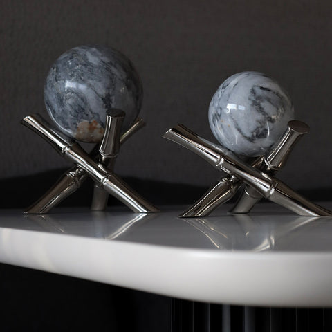 2-Piece Short Chrome Metal Footed Gray Sphere Object