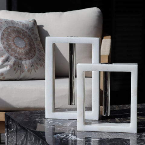 2-Piece White Marble Object with Stainless Metal Details