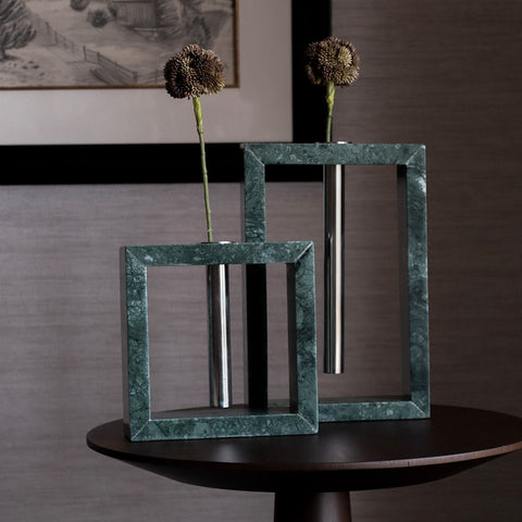 2-Piece Green Marble Object with Stainless Metal Details