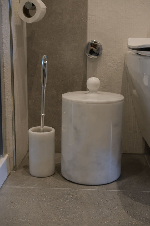 White Marble Trash Can and White Marble Toilet Brush Holder Gold