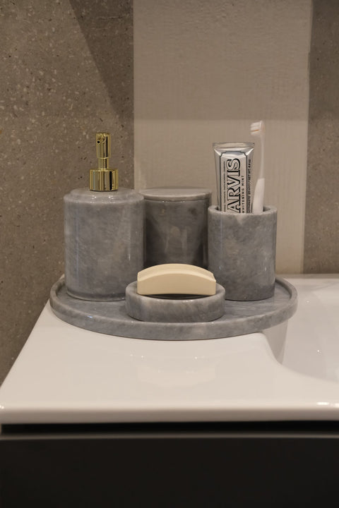 9 Piece Gray Marble Round Shape Bathroom Set Gold