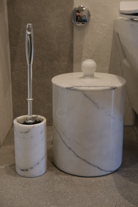 Lilac Marble Trash Can and Lilac Marble Toilet Brush Holder Gold